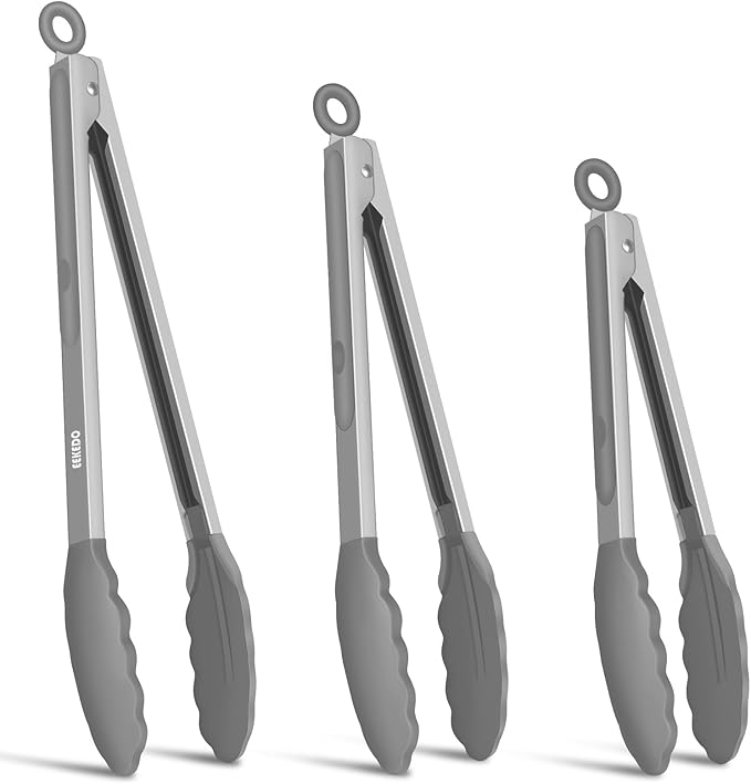 Kitchen Tongs, Set of 3 Stainless Steel Tongs with Silicone Tips Locking Cooking Tongs 600ºF Heat Resistant Tong for Cooking BBQ Grilling Air Fryer Serving Food Salads, 7"+9"+12" Light Grey