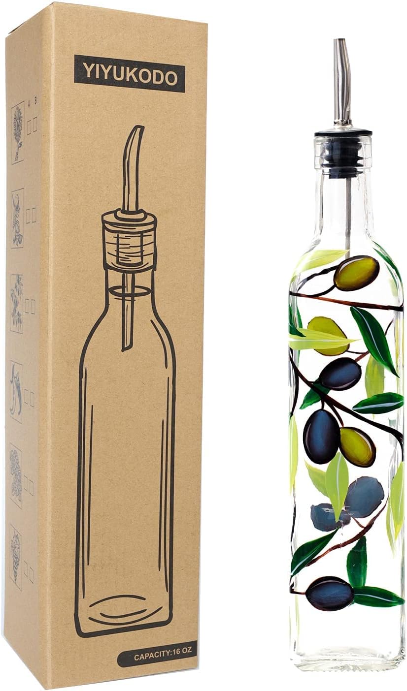 17oz Hand Painted Glass Olive Oil Bottle Dispenser- 500ml Green Oil & Vinegar Cruet with Pourers - Olive Oil Carafe Decanter for Kitchen (olive)