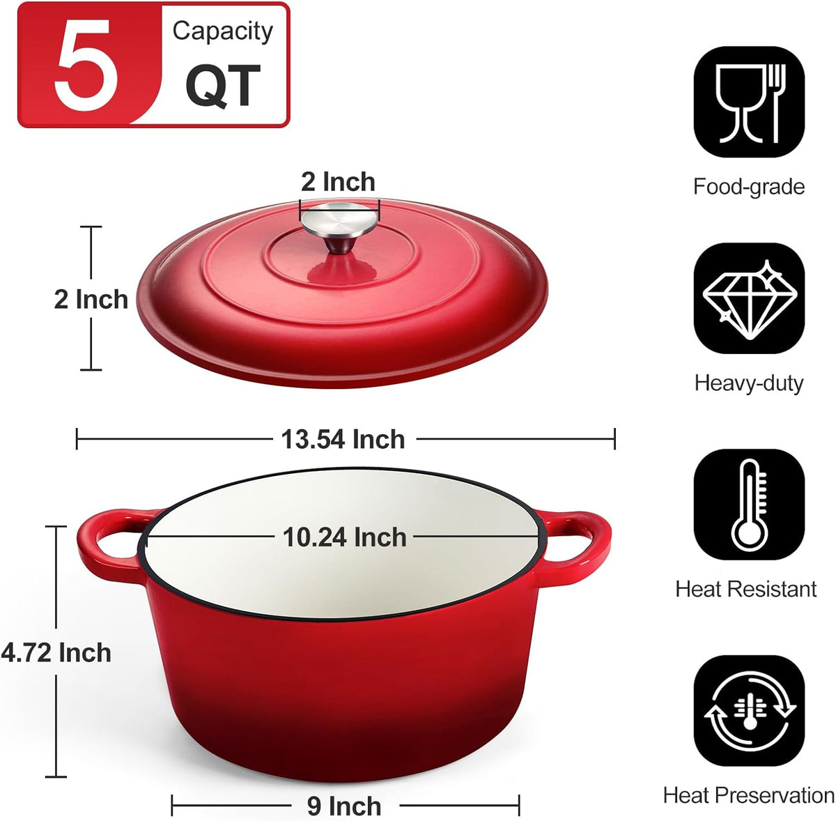 P&P CHEF 5QT Enameled Dutch Oven, Cast Iron Dutch Oven Pot with Lid for Bread Baking, Enameled Casserole Pot for Roasting Braising Stewing Frying Simmering, Various Stoves & Easy Clean, Red