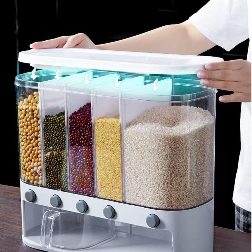 Dry Food Dispenser,Wall mounted 5 Grid Cereal Dispenser,Rice dispenser 25 pounds Kitchen Storage with Measuring Cup