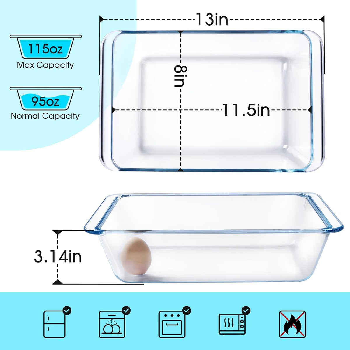 NUTRIUPS 3.7QT Deep Glass Baking Dish,(11.5×8inches）Large Glass Baking Pan,Rectangular Lasagna Pan,Glass Casserole Dish,Microwave & Oven Safe