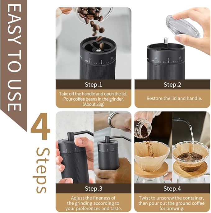 Hand Coffee Grinder Conical Burr for Espresso French Press Pour Over Double Bearing External Adjustment Capacity 25g (Stainless Steel Burr-Black)
