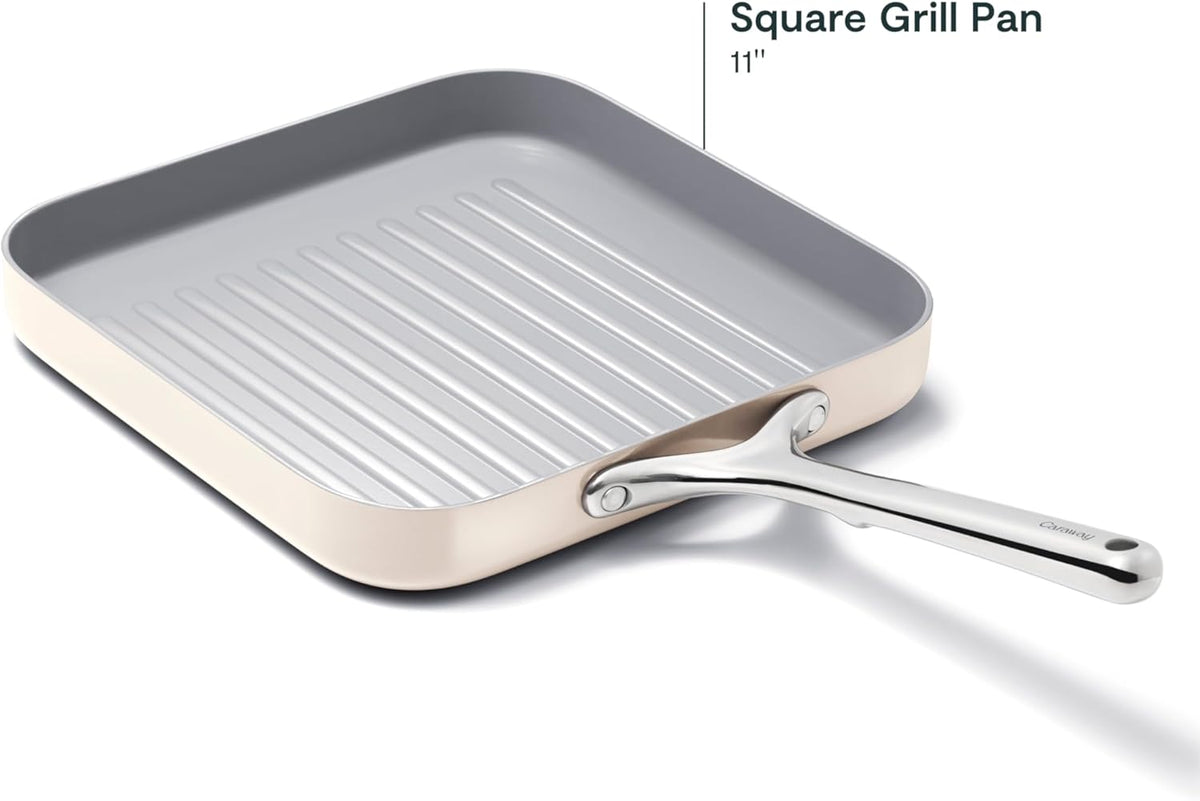 Caraway Square Grill Pan - 11” Grill Pan - Non-Stick Ceramic Coated - Non Toxic, PTFE & PFOA Free - Oven Safe & Compatible with All Stovetops - Cream