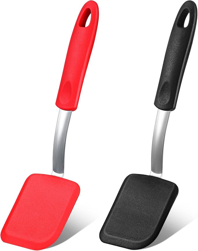 Silicone Cookie Spatula Turner 2 Pack Mini Brownie Spatula Flexible Kitchen Small Silicone Turner for Nonstick Cookware Heat Resistant No Scratch Flipper for Egg Pancake(Black, Red)