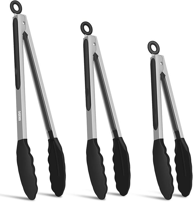 Kitchen Tongs, Set of 3 Stainless Steel Tongs with Silicone Tips Locking Cooking Tongs 600ºF Heat Resistant Tong for Cooking BBQ Grilling Air Fryer Serving Food Salads, 7"+9"+12" Black