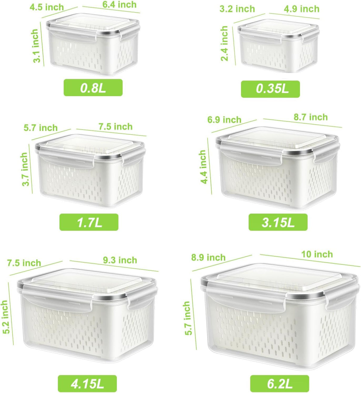 6 Pack Fruit Storage Containers for Fridge, Produce Saver Vegetable Container with Drain Colanders - Refrigerator Organizer for Lettuce Keepers Berry Container
