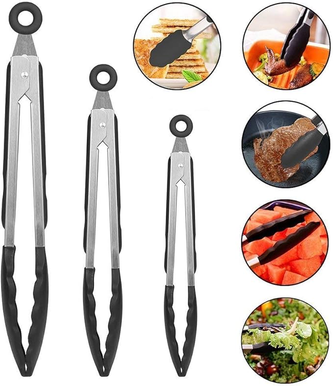 Kitchen Tongs for Cooking with Silicone Tips, Heat Resistant Kitchen Utensils Locking Silicone Tongs, Serving Food Tong Set of 3, 7,9,12 Inch
