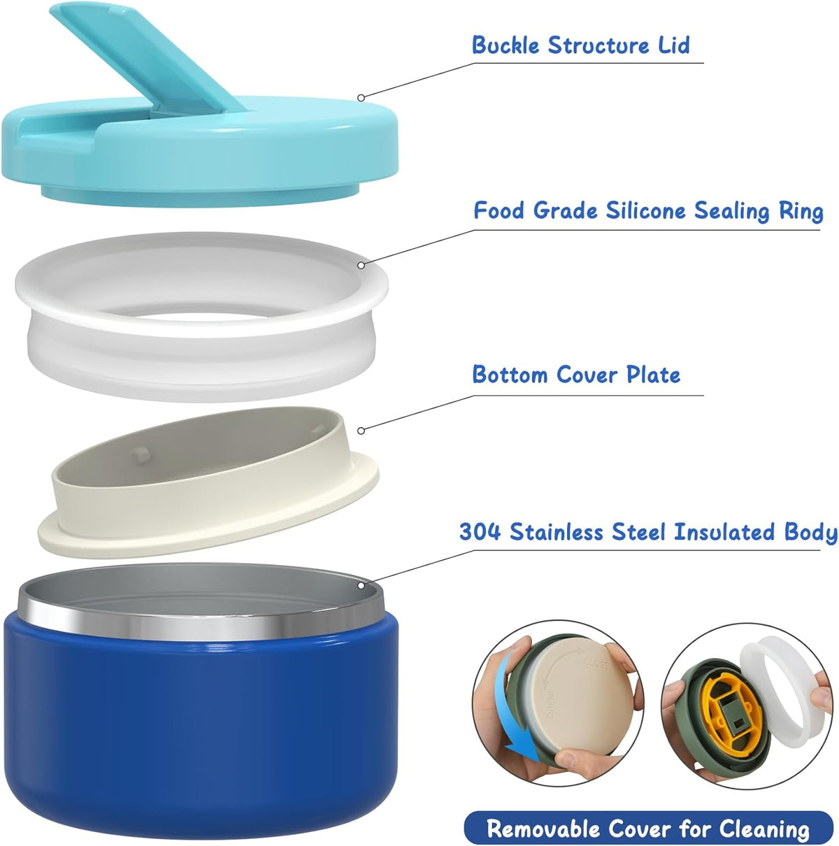 Bento Lunch Box with 8oz Soup Thermo, Leak-Proof Lunch Containers with 4 Compartment, Thermo Hot Food Jar and Insulated Lunch Box for School Blue