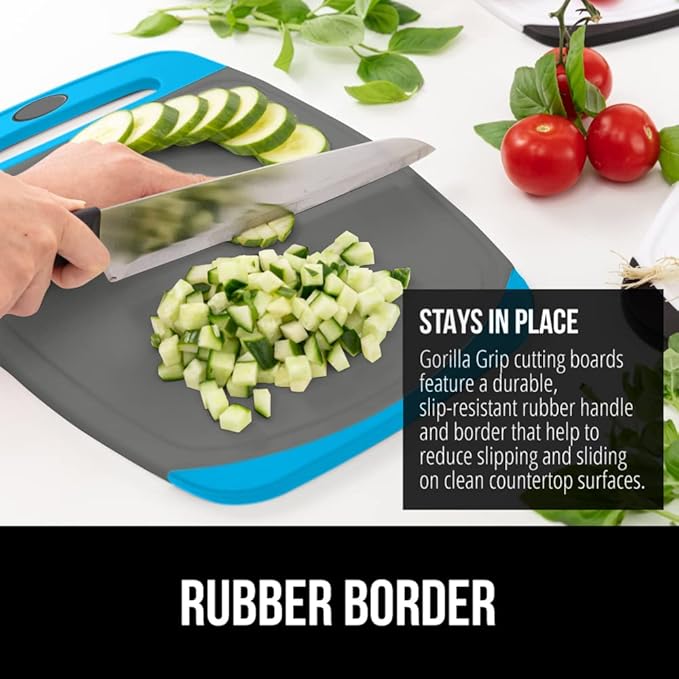 GORILLA GRIP BPA-Free Reversible Kitchen Cutting Board Set of 3, US Designed, Nonporous, Juice Grooves Catch Liquid, Slip Resistant Border, Dishwasher Safe, Durable Food Chopping Boards, Aqua Gray