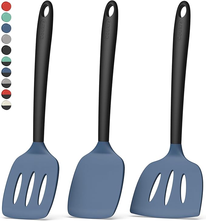 Coukre 3 Pack Silicone Spatula Set, High Heat Resistant, BPA-Free, Fish Spatula, Solid & Slotted Turner for Non-Stick Pans, Flipping Eggs, Pancakes, Fish, Burgers (3, DarkBlueBlack)