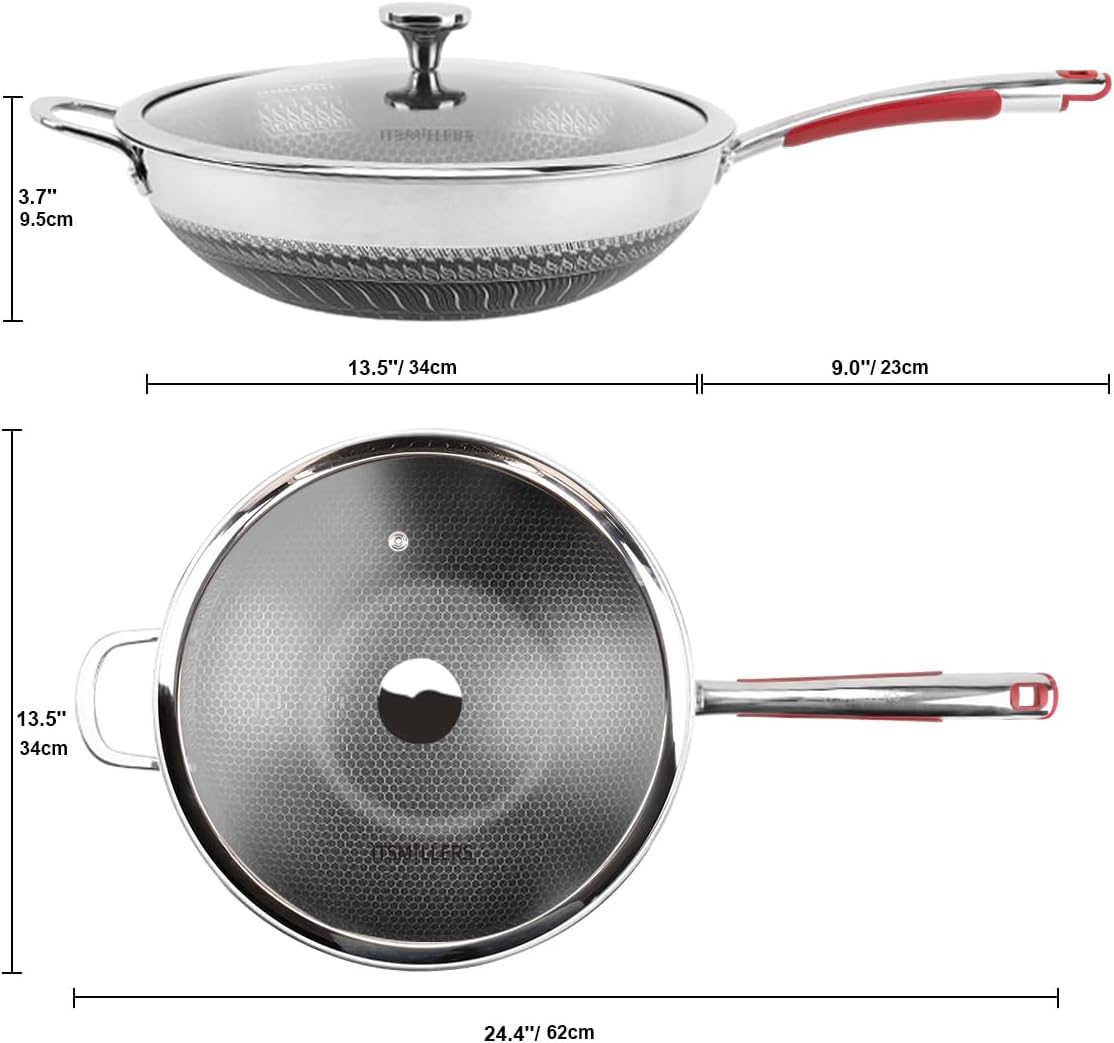 Tri-ply Stainless Steel Wok with Lid, 13.5'' PFOA Free Nonstick Stir Fry Pan, Induction Compatible, Dishwasher and Oven Safe, Scratch-resistant Surface