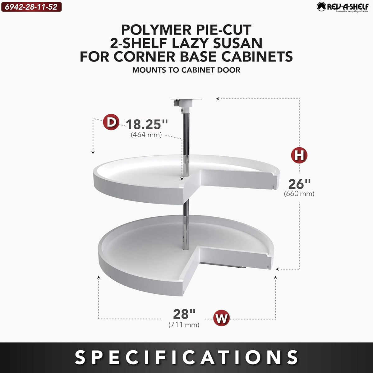 Rev-A-Shelf 2 Tier Pie-Cut Lazy Susan for Corner Base Cabinets, Plastic, 28" Double Shelf Swivel Kitchen Spice and Can Organizer, White, 6942-28-11-52