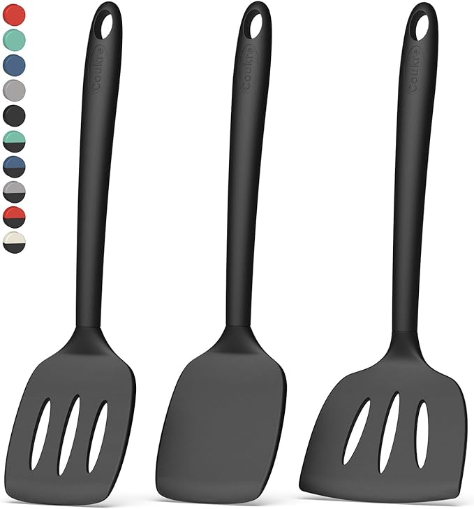 Coukre 3 Pack Silicone Spatula Set, High Heat Resistant, BPA-Free, Fish Spatula, Solid & Slotted Turner for Non-Stick Pans, Flipping Eggs, Pancakes, Fish, Burgers (3, PureBlack)