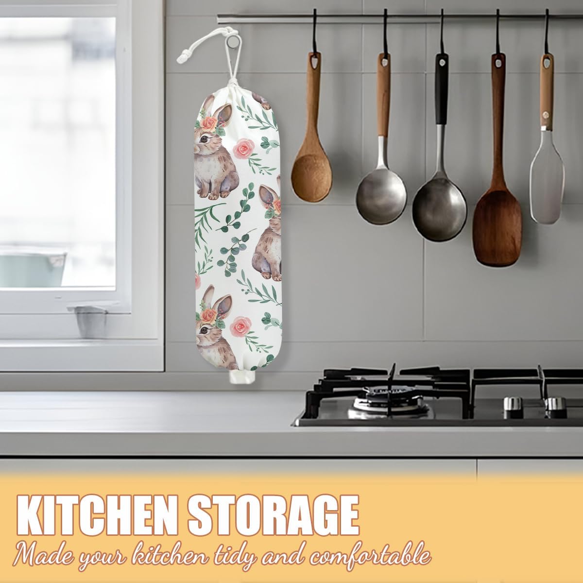 Rabbit Bunny Plastic Bag Holder, Wall Mount Grocery Bag Holder, Plastic Storage bag, Pull Rope Free Adjustment, Plastic Bag Holders for Grocery Bags, Plastic Bag Dispenser for Home Kitchen Camping