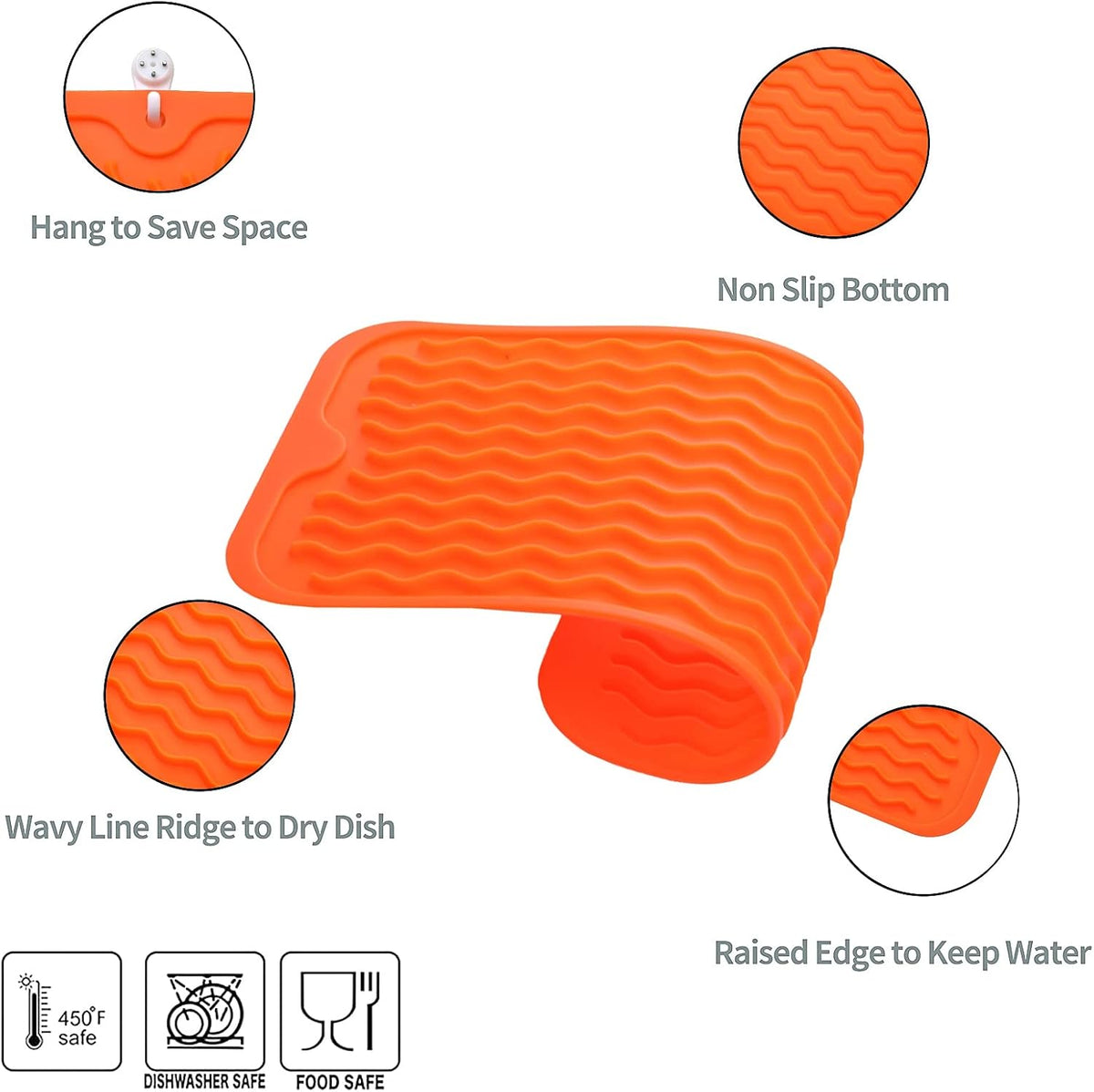 Silicone Dish Drying Mat for Multiple Usage,Easy clean,Eco-friendly,Heat-resistant Silicone Mat for Kitchen Counter or Sink,Refrigerator or Drawer Liner Orange S 12 inches x 6 inches