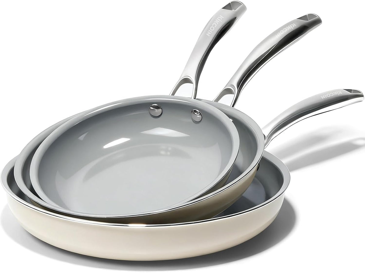 Kikcoin Ceramic Nonstick Frying Pan Skillets - 3 Sizes Omelette Pans for Healthly Cooking, 8+9.5+11 Inch Egg Pan with Stay Cool Handle, Free of PFAS PFOA PTEE, Oven/Dishwasher Safe for Busy Kitchen