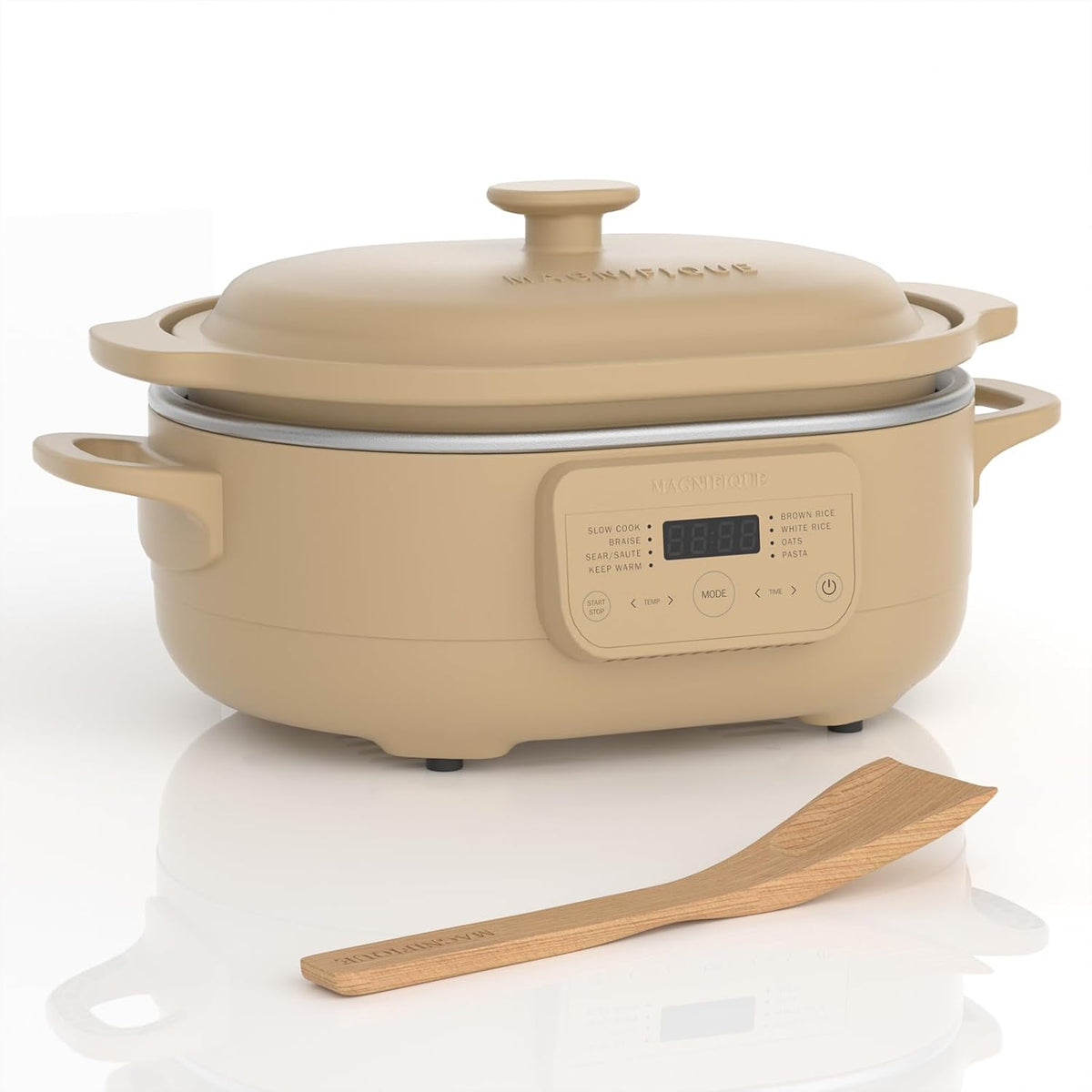 MAGNIFIQUE 4 Quart Claypot Multi-Cooker, with 8-in-1 Casserole Programmable Slow Cooker, Dutch Oven, Pasta, Nonstick Oven Safe Pot to 450°F, Brown