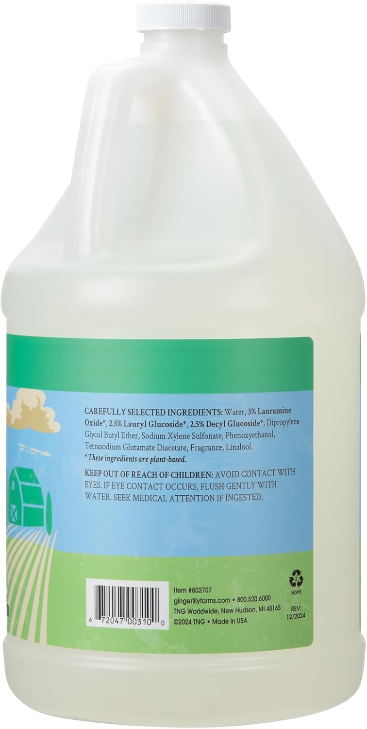 Ginger Lily Farms Botanicals Plant-Based Foaming Spray Dish Soap, Concentrated Formula with Max Grease Cleaning Power, Cruelty-Free, Basil Scent, 1 Gallon Refill (128 Fl Oz)