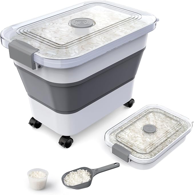 Rice Storage Container, Collapsible Airtight Food Storage Containers 20-30lbs with Clear Lid and Wheels, Rice Dispenser with Scoop for Flour Cereal Pasta Grain, Cat Pet Bird Dog Food Storage Container
