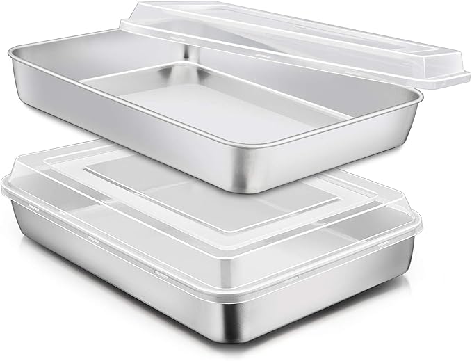 E-far Stainless Steel Baking Pan with Lid, 12⅓ x 9¾ x 2 Inch Rectangle Sheet Cake Pans with Covers Bakeware for Cakes Brownies Casseroles, Non-toxic & Healthy, Heavy Duty & Dishwasher Safe - Set of 2