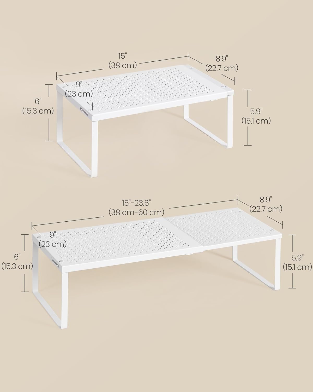SONGMICS Expandable Pantry Kitchen Organizers, Adjustable Spice Rack, Stackable Cabinet Organizers, Metal, Space-Saving Tabletop Shelves, Matte White UKCS007W01