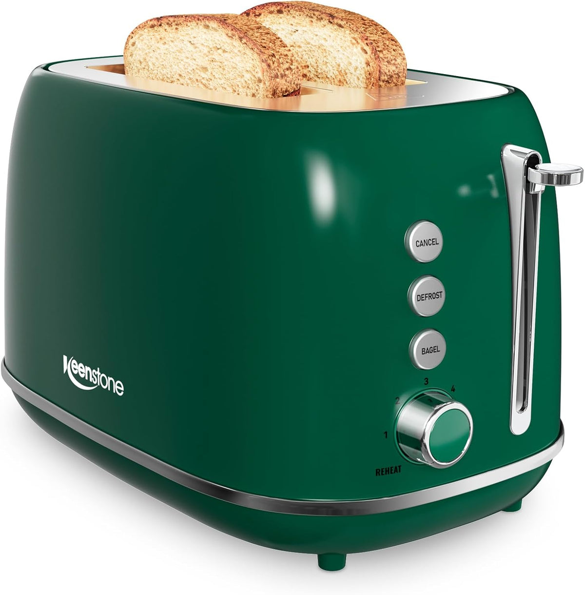 Toaster 2 Slice Stainless Steel with 6 Bread Shade Settings, Bagel, Cancel, Defrost Function, Retro 2 Slice Toaster with Extra Wide Slot, Removable Crumb Tray, dark green