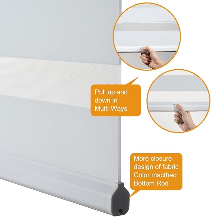 Persilux Cordless Zebra Blinds for Indoor Windows, Free-Stop Light Filtering Sheer Shades, Dual Layer for Day and Night, Roller Shades for Home (27.5" W X 64" H, White)