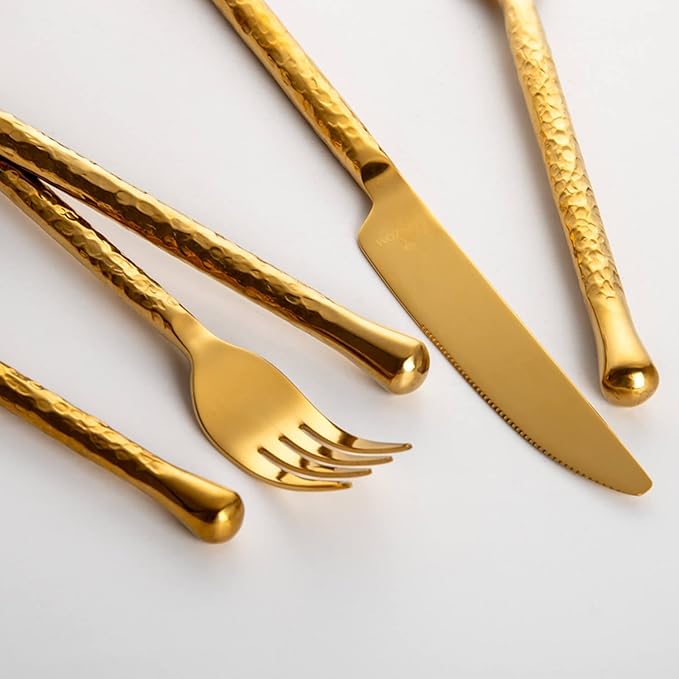 Glam Forged 20-Piece Titanium Gold Silverware Set, 18/10 Stainless Steel Flatware Service for 4, Shiny Gold Flatware, Unique Cutlery Set for Home Kitchen Restaurant Wedding, Dishwasher Safe