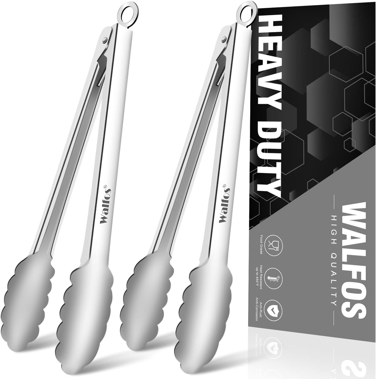 Walfos tongs for cooking, All Metal Kitchen Tongs 600℉ Heat Resistant, Heavy Duty Locking Tongs 2-piece 12 Inch