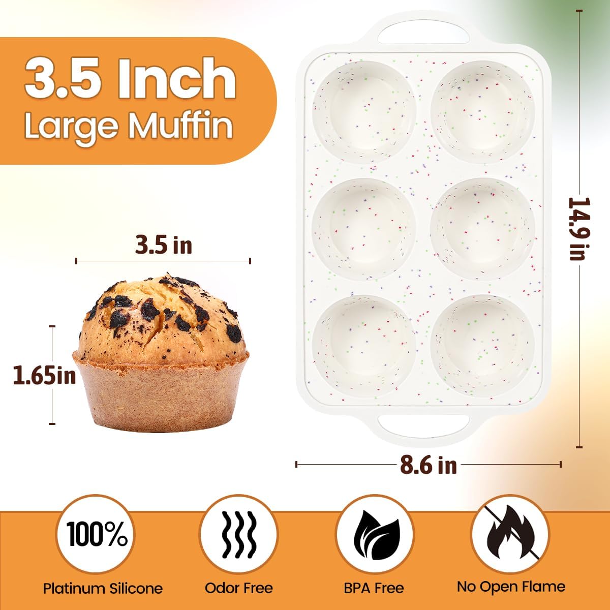 FUNBAKY Jumbo Muffin Pan Silicone with Metal Frame, 3.5 Inch Large Silicone Muffin Pan 1 Pack Confetti