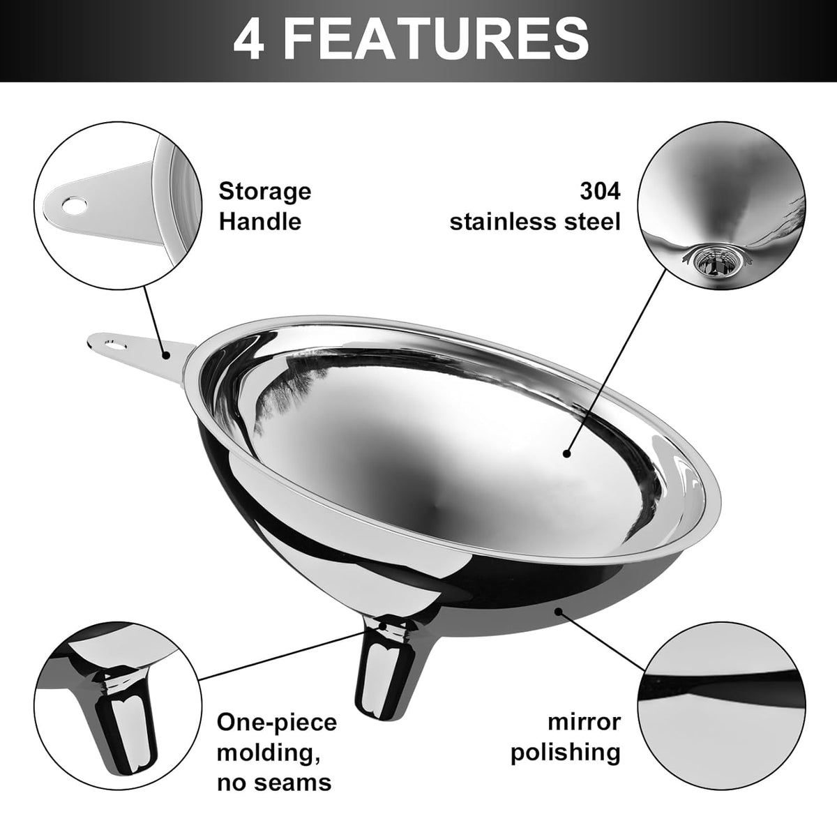 Stainless Steel Large Funnel (5.7"" X 0.55"" Mouth), Metal Funnel for Bottle Filling, Food Funnel for Oil, Juice, Wine, Coffee, Honey, Milk（Without Filter）