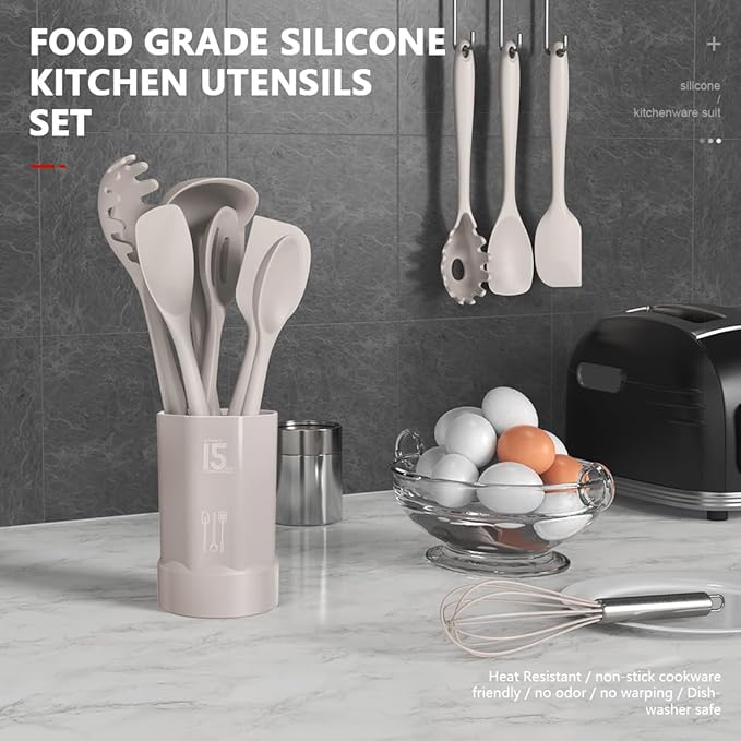AOTHOD Silicone Cooking Utensils Set - 446°F Heat Resistant Kitchen Utensils,Turner Tongs,Spatula,Spoon,Brush,Whisk,Kitchen Utensil Gadgets Tools Set for Nonstick Cookware,Dishwasher Safe (BPA Free)