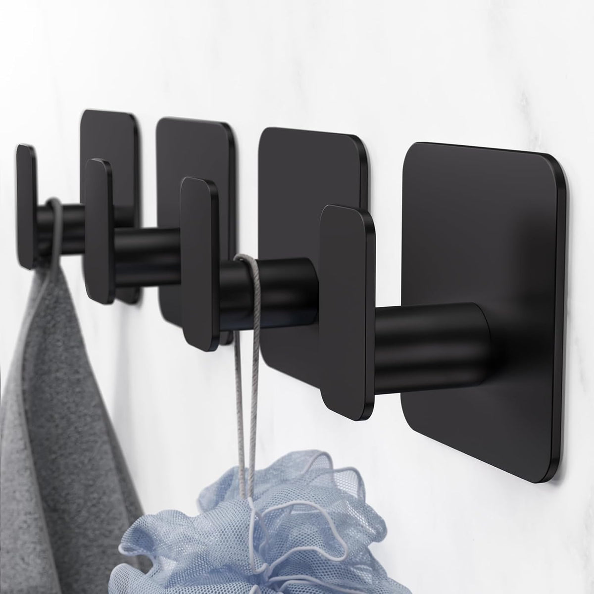 Black Hooks for Hanging Heavy Duty, Adhesive Hooks for Shower, Bathroom, Kitchen, Robe, Towel, Coat, Waterproof & Rustproof Hook for Walls No Damage, Stainless Steel Sticky Hook - 4 Pack