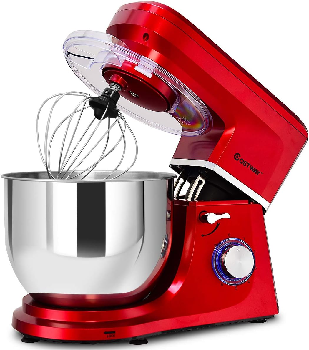 COSTWAY Stand Mixer, 7.5-Quart 660W 6-Speed Electric Mixer with Stainless Steel Bowl, Tilt-head Food Mixer with Dough Hook, Beater, Whisk (Red)