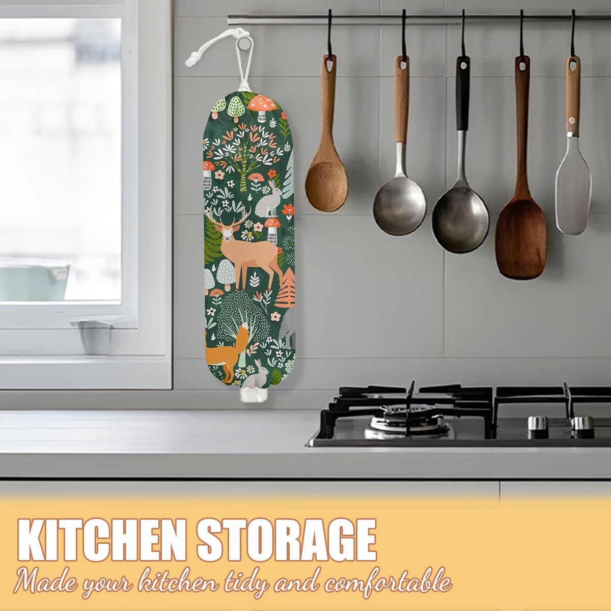 Forest Animals Plastic Bag Holder, Wall Mount Grocery Bag Holder, Plastic Storage bag, Pull Rope Free Adjustment, Plastic Bag Holders for Grocery Bags, Plastic Bag Dispenser for Home Kitchen