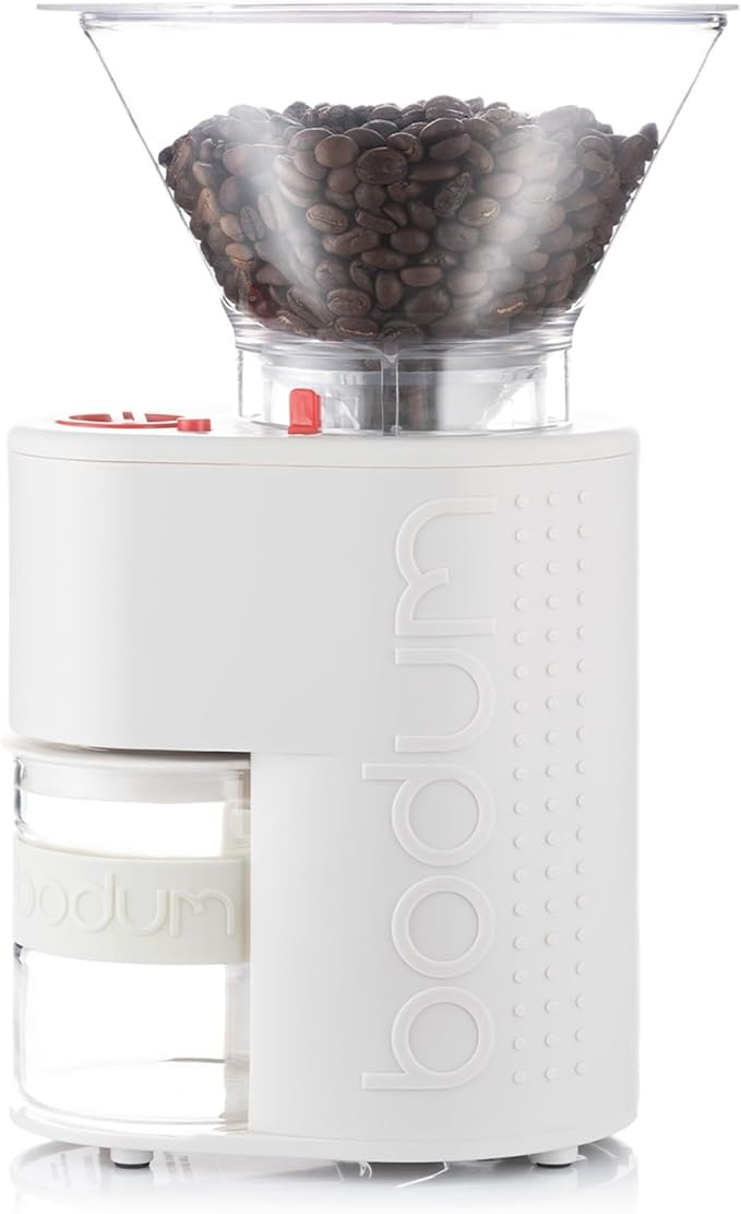 Bodum Bistro Electric Conical Burr Coffee Grinder, Preset Timer, 12 Grind Settings, White