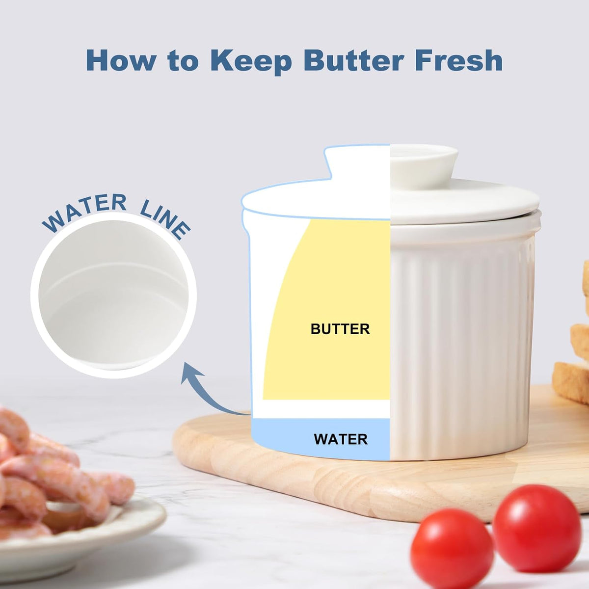 Large Butter Crock Bell for Counter with Water Line, Butter Keeper, Ceramic French Butter Dish Holder for Fresh Spreadable Soft Butter (White, 7.8 Ounce)