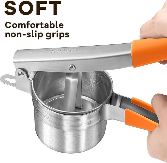 Potato Ricer, AMOHEE 15oz/425g Large Stainless Steel Potato Masher Upgrade Heavy Duty Design with Anti-Slip Handle Ricer for Mashed Potatoes & Food Press for Fruits, Carrots, Yams, Orange
