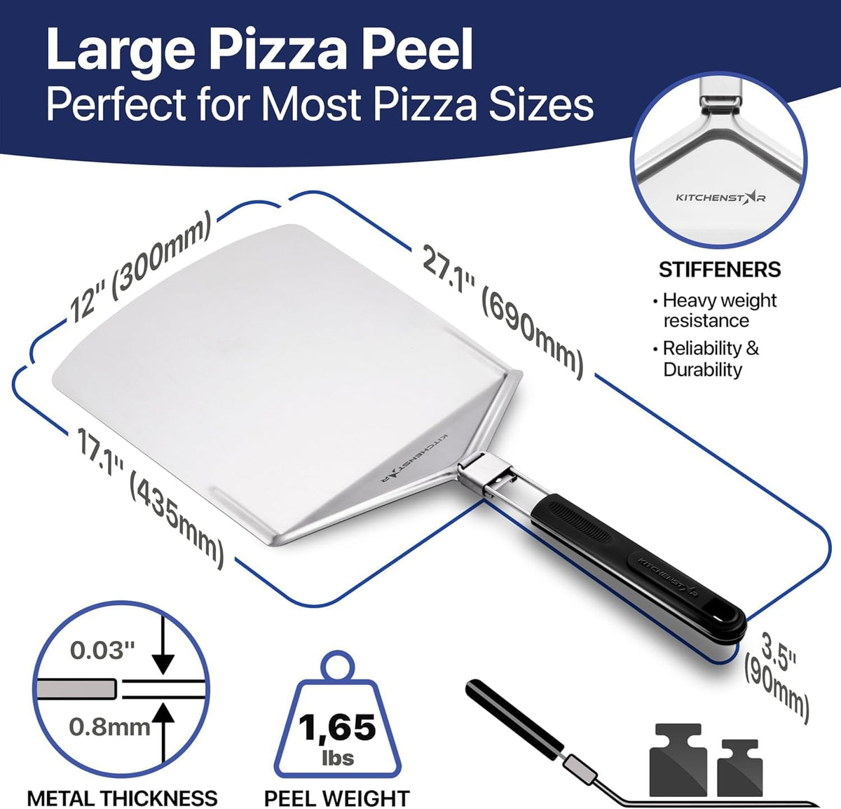 KitchenStar 12-inch Metal Pizza Peel with Folding Handle - Stainless Steel Spatula Paddle for Effortless Pizza Transfer & Easy Storrage - Dishwasher Safe Pizza Oven Accessories