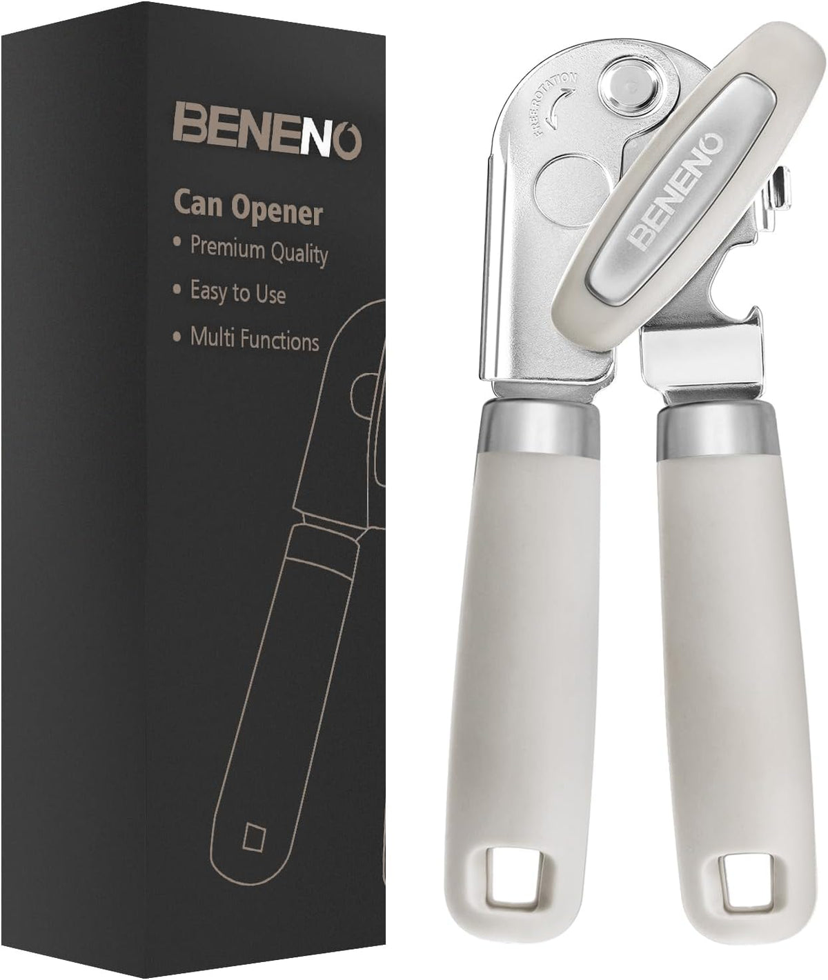 Beneno Can Opener Manual with Magnet, Hand Held Heavy Duty Can Opener with Durable Sharp Blade Smooth Edge, Big Effort-Saving Knob, Soft Grip Rubber Handle, Multifunctional Bottle Opener, Beige