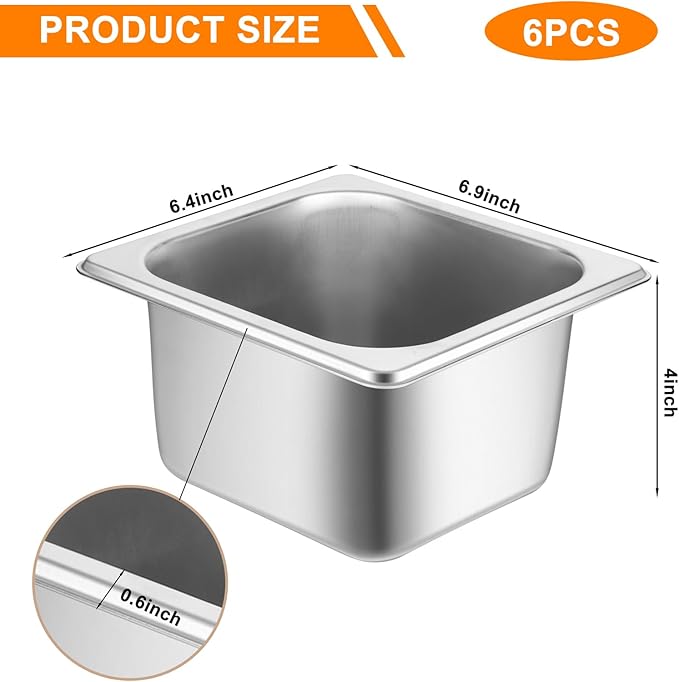 6 Set Hotel Pan 1/6 Size 4 Inch Deep Stainless Steam Table Pans with Lids Stackable Commercial Anti Jam Metal Steam Tray Catering Food Storage Steel Pan for Hotel Restaurant Buffet Party Supplies