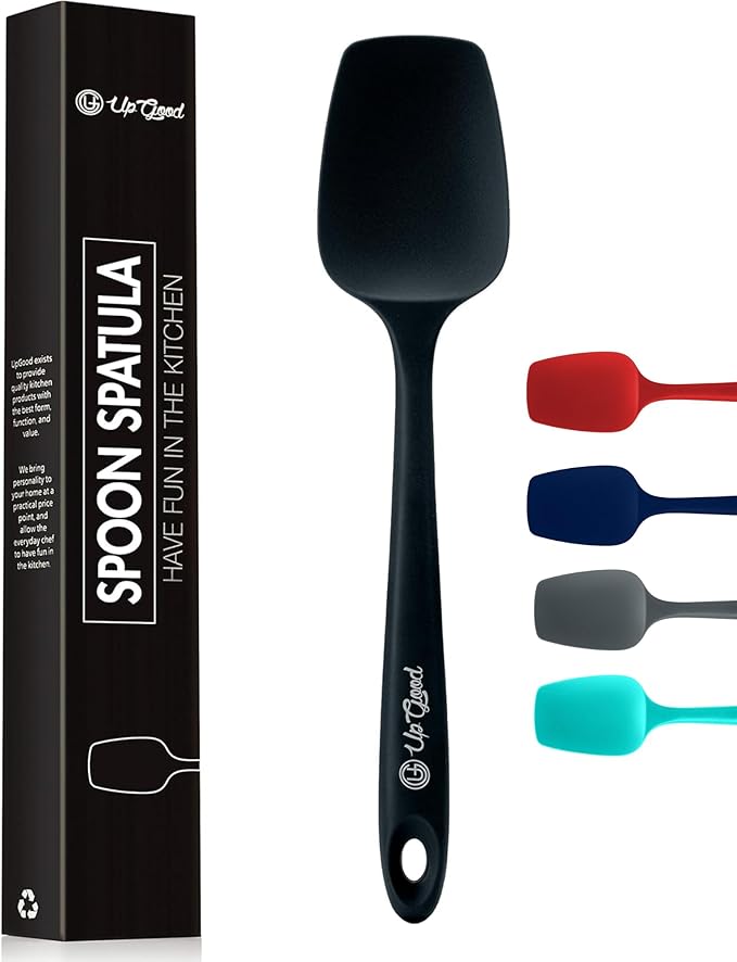 Silicone Spoon Spatula - 600ºF Heat-Resistant Non-Stick Rubber Spoonula | Use as Silicone Kitchen Scraper Utensil - Baking and Cooking Strong Stainless Steel Core | UpGood Kitchen Utensils, (Black)