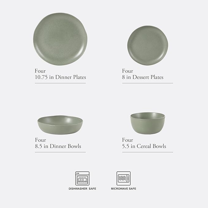 Gibson Elite Menlo Park 16-Piece Pottery Clay Stoneware Dinnerware Set – Green Reactive Glaze, Organic Shape Embossed Plates and Bowls W/Pasta Bowl, Service for 4 – Microwave & Dishwasher Safe