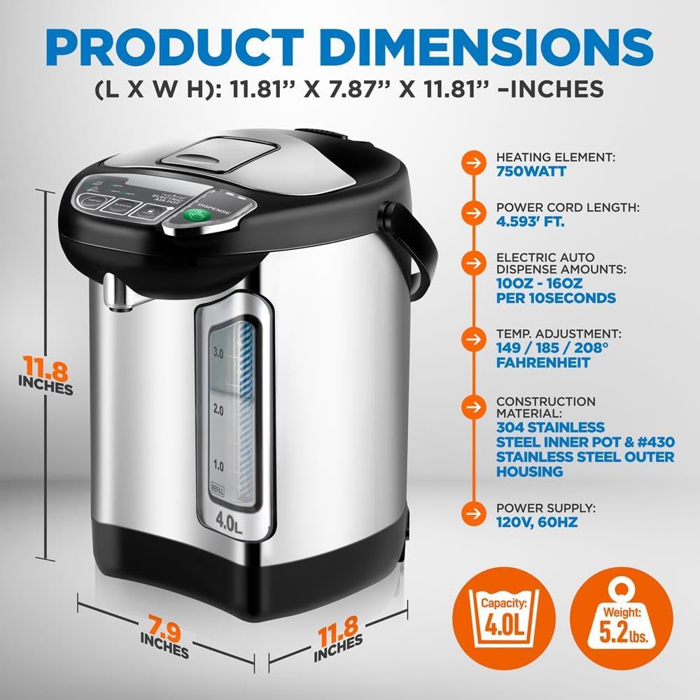 NutriChef Electric Water Boiler and Warmer - 4L/4.2Qt Stainless Steel Electric Hot Water Dispenser w/Rotating Base, Auto Shut Off, Safety Lock, Instant Heating for Coffee & Tea (NCHUB24)