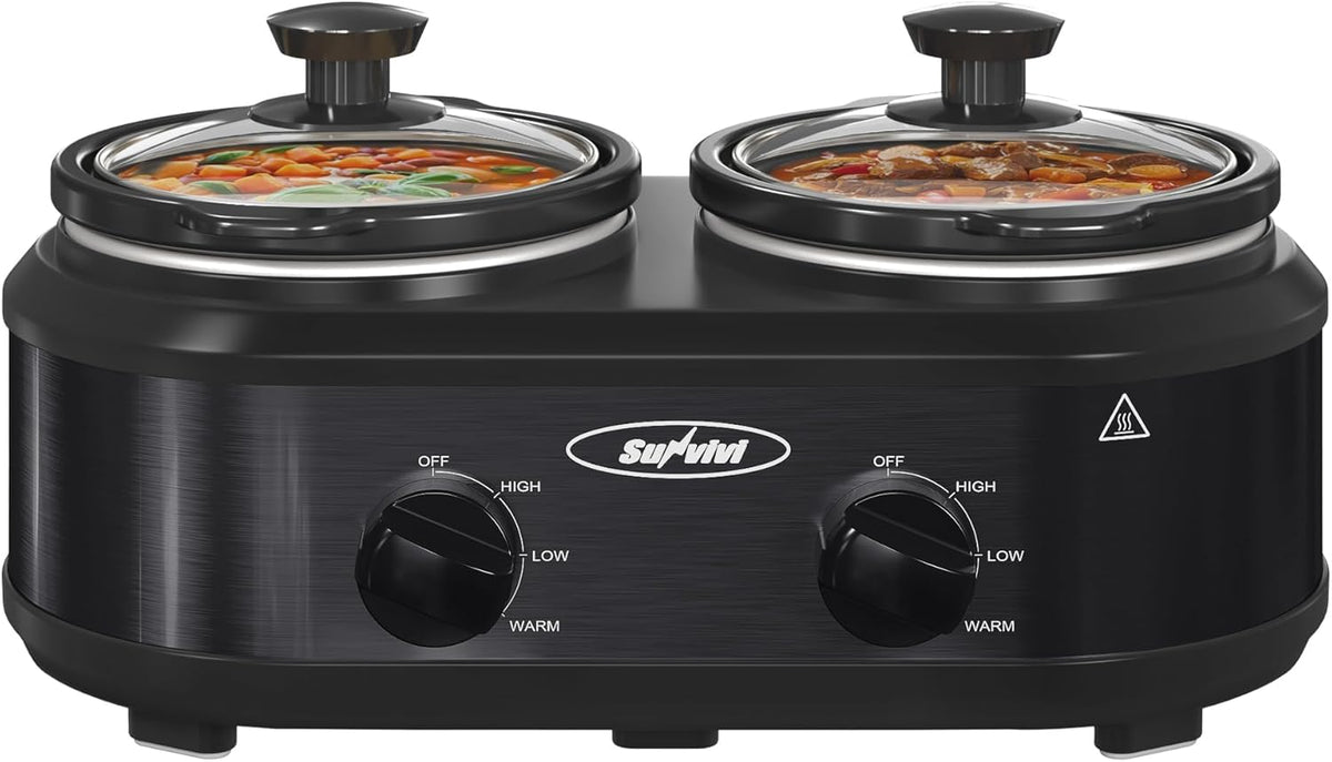 Sunvivi Double Slow Cooker,2 Pot Small Mini Crock Buffet Servers and Warmer,Dual Pot Oval Manual Slow Cooker with Adjustable Temp Removable Ceramic Pot,Stainless Steel, Total 2 * 1.25 Quarts Black