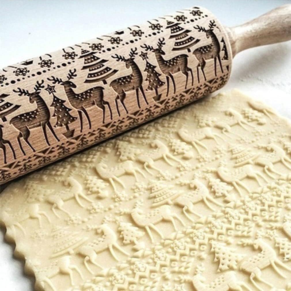 Christmas Wooden Rolling Pin for Baking,Engraved Embossing Rolling Pin Cookie Stamps Roller Square Grid Cookies Mold Kitchen Decor Tools for Kids Adults(Elk)