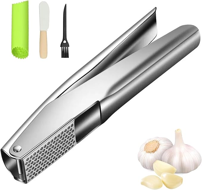 Garlic Press Stainless Steel, Easy Cleaning Kitchen Garlic Mincer & Crusher with Garlic Peeler Tube and Scraper, Heavy Duty Metal Ginger Press, Easy Squeeze, Dishwasher Safe