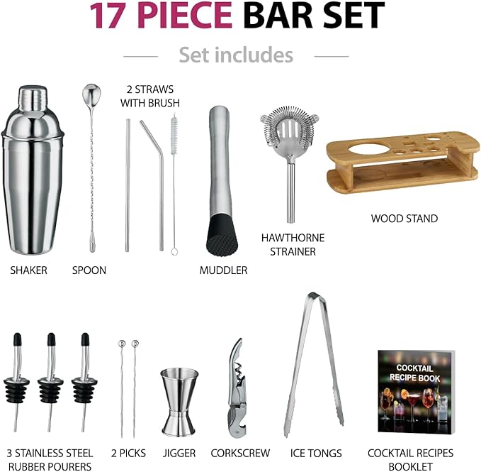 Cocktail Shaker Set - 17 Piece Stainless Steel Mixology Bartender Kit, Drink Martini Shaker, Home Bar Accessories, Cocktail Kit, Stainless Steel Bar Set, Shakers Bartending