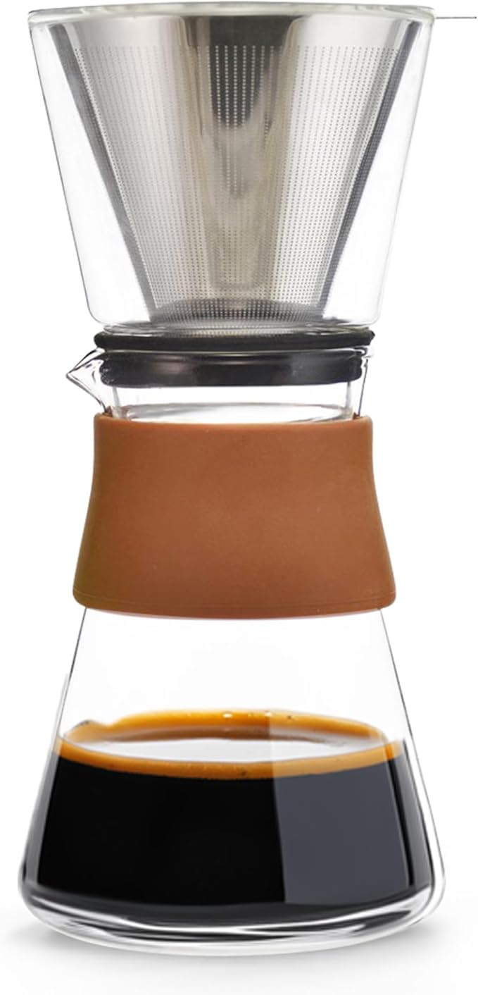 GROSCHE Amsterdam Glass Pour Over Coffee Maker - Single Cup Manual Dripper Brewer w/Removable Glass Top & Permanent Stainless Steel Filter - 27.6 fl oz - Ideal for Home, Camping, & On-the-Go Brewing