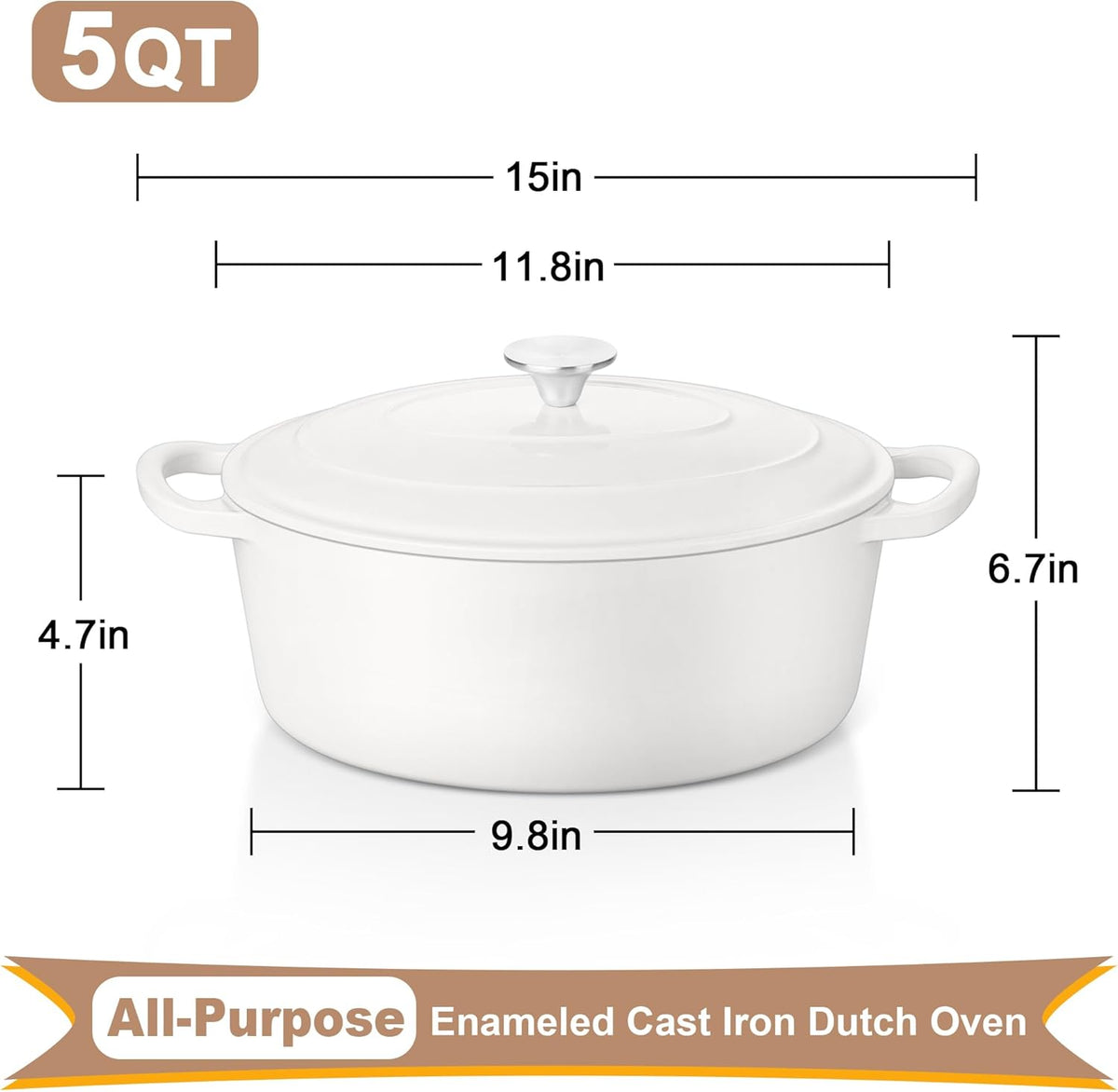 E-far 5QT Oval Dutch Oven Pot with Lid, Enameled Cast Iron Dutch Oven with Dual Handles for Sourdough Bread Baking Cooking, Nonstick Enamel Coated Cookware(White), Non-Toxic & Easy Clean